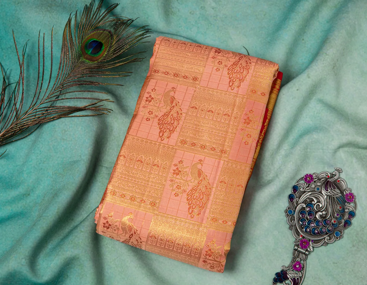 Blush Pink Peacock Zari Kanjeevaram Silk Saree